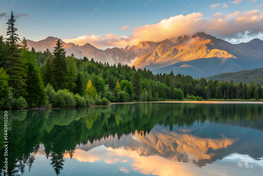 A peaceful scene unfolds as misty dawn breaks over a calm lake, bordered by vibrant green forests and towering mountains, with a gentle fog drifting in.