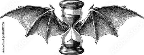 Engraved hourglass with bat wings symbolizing time and fantasy