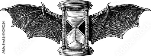 Surreal engraved hourglass with bat wings - gothic art concept for posters