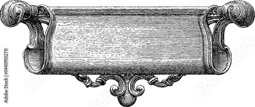 Vintage engraved banner design with ornate iron hanger for decorative use