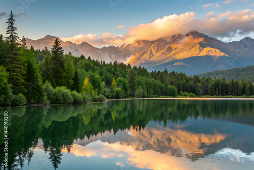 Obraz na płótnie A peaceful scene unfolds as misty dawn breaks over a calm lake, bordered by vibrant green forests and towering mountains, with a gentle fog drifting in. w salonie
