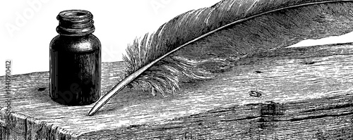 Engraved feather pen and ink bottle on wooden surface - vintage writing concept