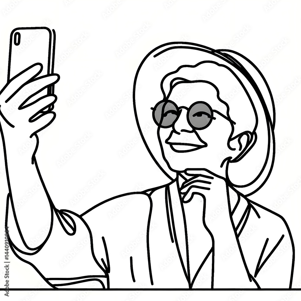 Obraz premium elderly woman smiling while taking selfie in casual setting