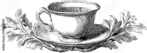 Vintage engraved teacup and saucer illustration with ornate leaf details