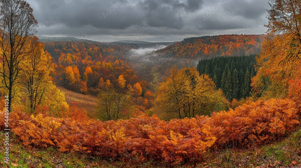 Fototapeta premium Autumnal valley vista with dense foliage and cloudy sky