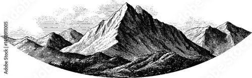 Vintage engraved banner featuring majestic mountain range for decorative use