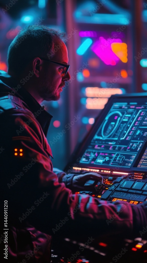 Fototapeta premium Building Anunnaki high-tech outpost in desert: photorealistic engineers with glowing tools.