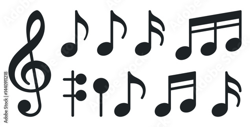Collection Of Black Music Notes On White Background Representing Musical Notation And Composition For Creative Projects