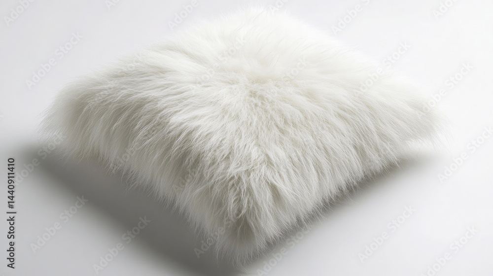 A fluffy Mongolian fur pillow in snowy white with a playful texture A fluffy Mongolian fur pillow in snowy white with a playful texture