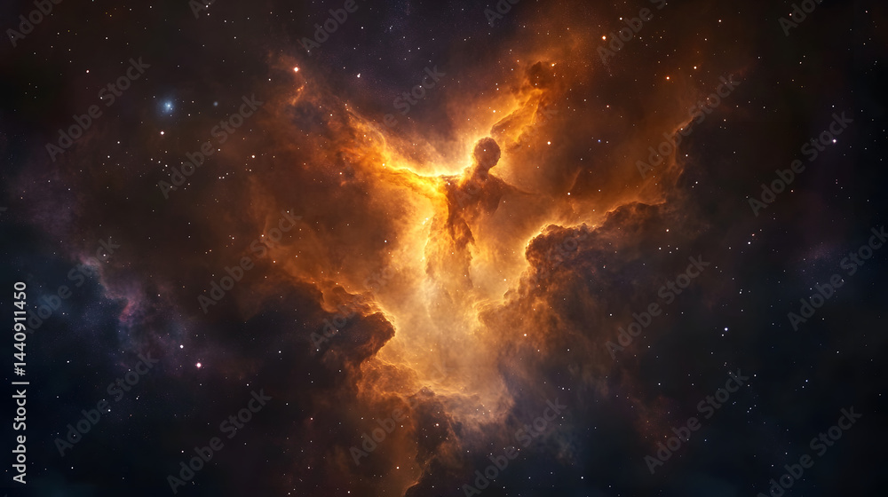 A glowing nebula forming the shape of an ancient cosmic deity. A glowing nebula forming the shape of an ancient cosmic deity.