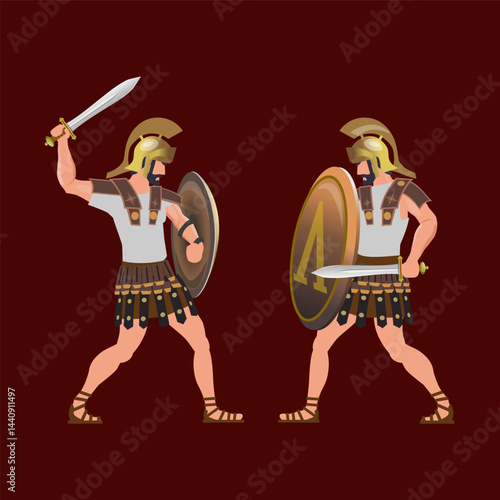 Two ancient gladiator warriors fight with swords