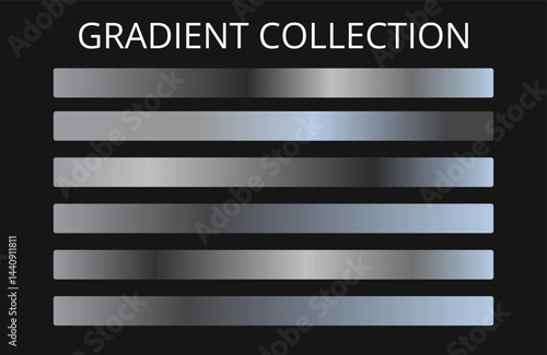 Silver metal gradient collection and silver foil texture set. Shiny vector illustration for posters