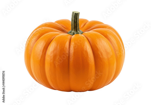 Close up of a small orange pumpkin with a green stem isolated on transparent background