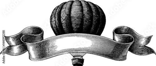 Vintage hot air balloon banner engraving for antique design and decoration