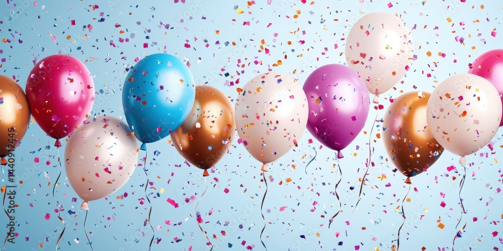 Colorful balloons and confetti create a festive atmosphere for a celebration or party Colorful balloons and confetti create a festive atmosphere for a celebration or party