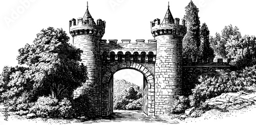 Historic castle gate engraved illustration for medieval fantasy design