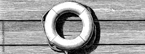Engraved nautical lifebuoy on wooden planks for vintage marine design