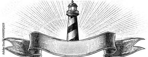 Engraved lighthouse with radiant light and vintage ribbon design for nautical themes