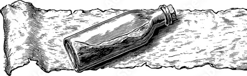 Vintage message in a bottle on scroll - engraved nautical illustration for retro design