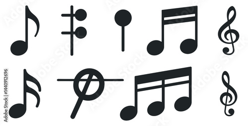 Musical Notation Collection Diverse Music Symbols Isolated Set Music Theory Elements Vector Graphic Artistic Composition Black And White Background