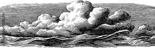 Engraved illustration of a storm cloud above turbulent waves - classic art print design