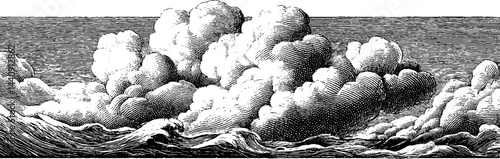 Vintage engraving of a stormy cloud over turbulent waves