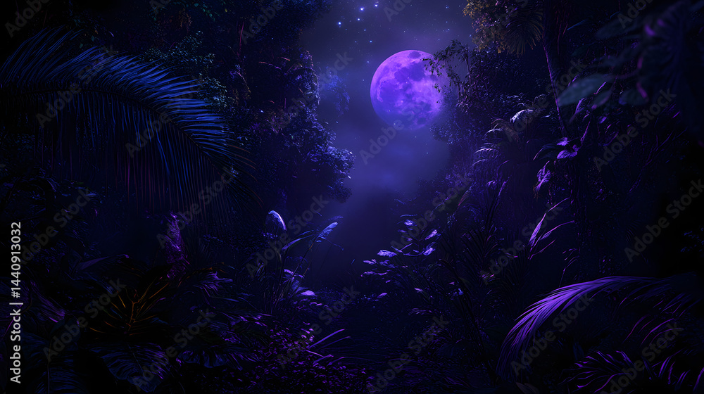 Naklejka premium A glowing neon jungle under a bright moon with neon plants and animals, creating a surreal, futuristic atmosphere.