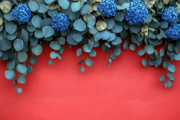 Muted blue flowers and eucalyptus leaves border a red backdrop.