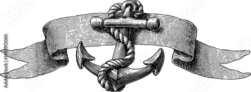 Vintage nautical anchor with rope and banner engraving for design prints