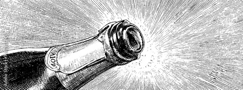 Celebration with vintage champagne bottle popping engraved design