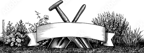Engraved garden tools with blank banner design for botanical themes