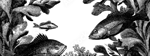 Vintage engraved illustration of fish swimming by coral and seaweed