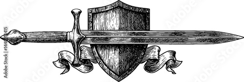 Medieval sword and shield engraving with ornate details for historical design