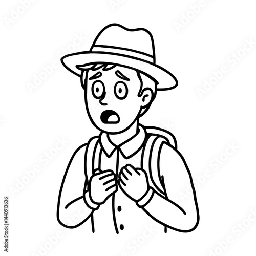Scared traveler with hat in vector line art style