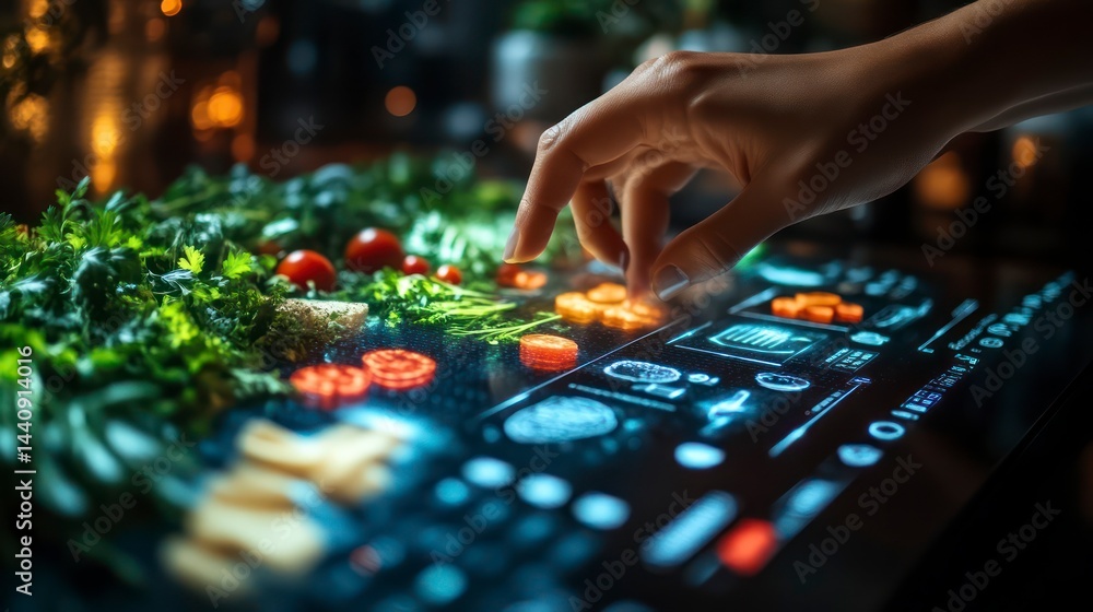 Fototapeta premium Interactive Food Analysis A Hand Touching a Futuristic Screen Displaying Nutritional Data and