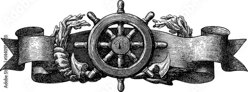 Nautical theme with engraved ship wheel and anchor for vintage design