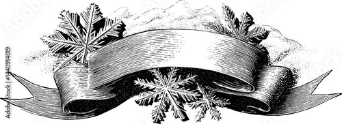 Vintage engraved winter banner with snowflakes for seasonal design and decoration