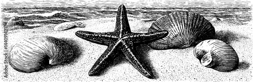 Vintage engraved illustration of starfish and sand dollars on a beach scene