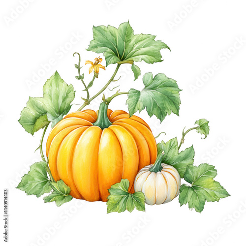 Watercolor illustration depicts pumpkins surrounded by leaves and vines.