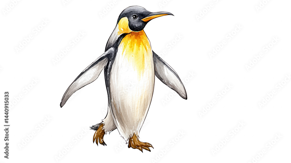 Naklejka premium An emperor penguin walks gracefully on a white background, isolated art.