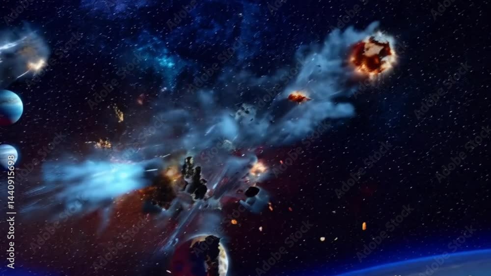 A cinematic view of two giant planets smashing into each other, creating shockwaves and new celestial formations A cinematic view of two giant planets smashing into each other, creating shockwaves and new celestial formations