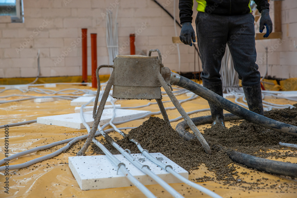 A worker in dark clothing stands near a concrete screed pump on a floor with yellow protective sheets, white insulation panels, and visible piping.
