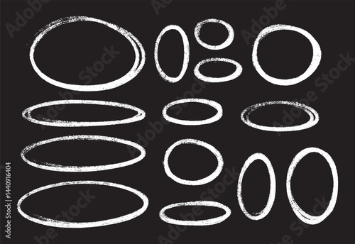 White chalk or crayon shapes oval highlight set on blackboard. Sketchy hand drawn pencil or marker rough grunge ellipse circles design elements. Emphasizing text or attention decorative accents.