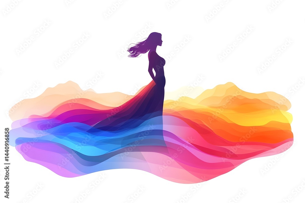 Fototapeta premium Minimalist illustration of a woman in a long tight dress, she is very beautiful and slim, she enjoys her shape on a transparent background of a colorful dreamlike and fantastical landscape