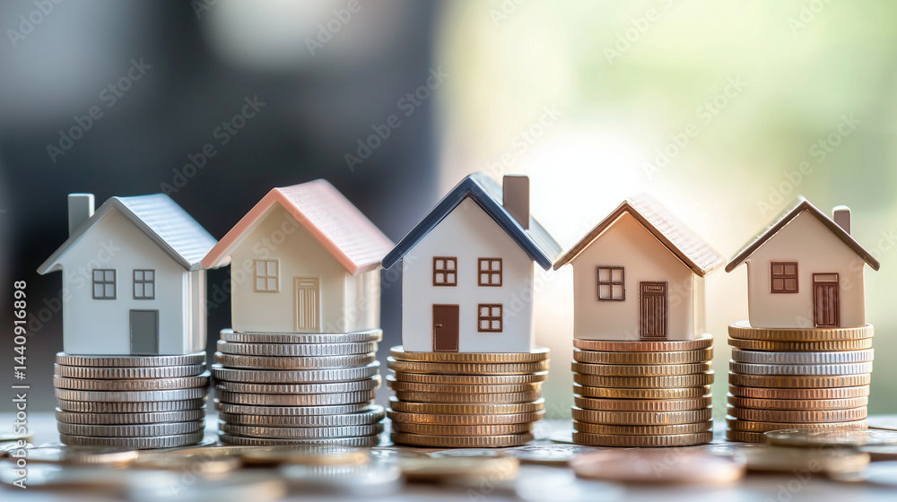 Model house balanced on neat coin stacks, realistic 3D detail, symbol of financial planning and property investment, sharp focus