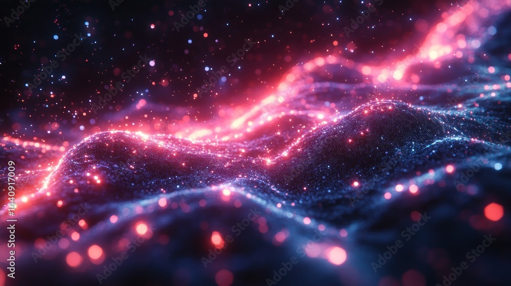 Fototapeta premium Abstract Cosmic Landscape: Glowing Nebula of Pink and Blue Particles