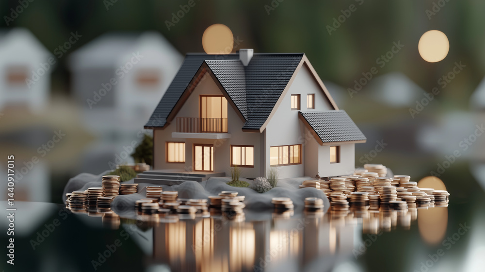 Detailed 3D house model atop coin piles, representing real estate success, realistic reflections, clean and organized layout