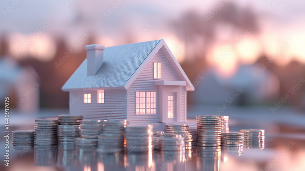 Detailed 3D house model atop coin piles, representing real estate success, realistic reflections, clean and organized layout