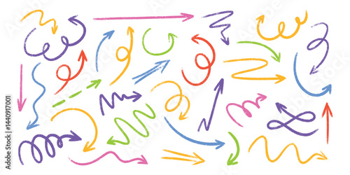 Pastel colored pencil arrow sketches - hand drawn doodle swirls, pointers, curves. Artistic chalk scribbles, chaotic strokes grunge design elements set. Crayon outline drawings, marker illustrations