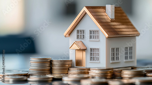 Obraz na płótnie Model house balanced on neat coin stacks, realistic 3D detail, symbol of financial planning and property investment, sharp focus w salonie